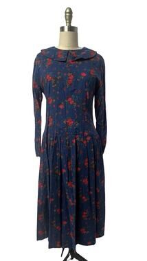 VTG Modest Peter Pan Collar Drop Waist Prairie Cottagecore Roses Floral Dress S